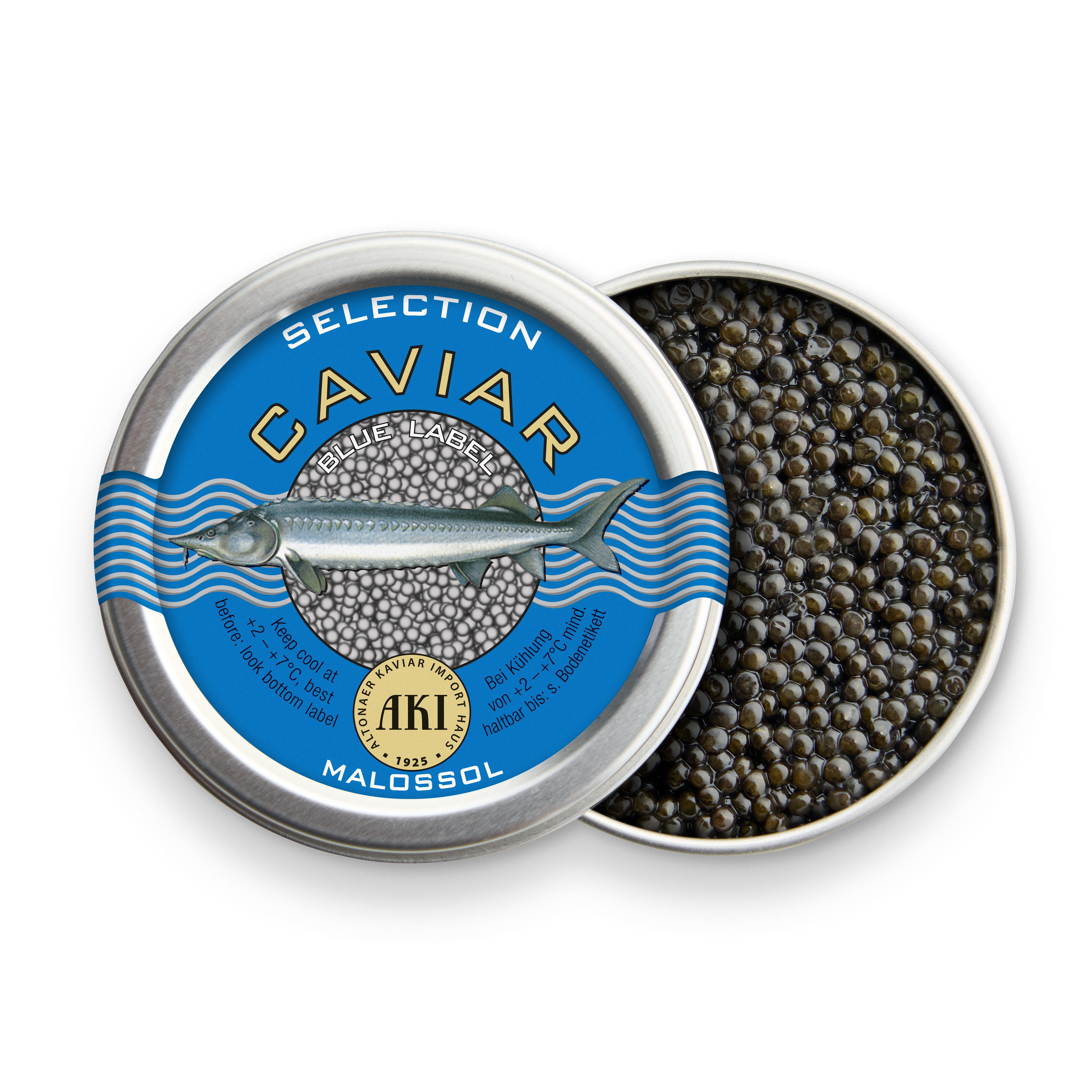 offene Dose AKI Kaviar Blue Label mit schwarzem Kaviar