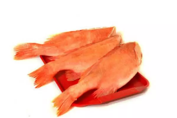 drei rohe Rotbarsch auf roter Schale