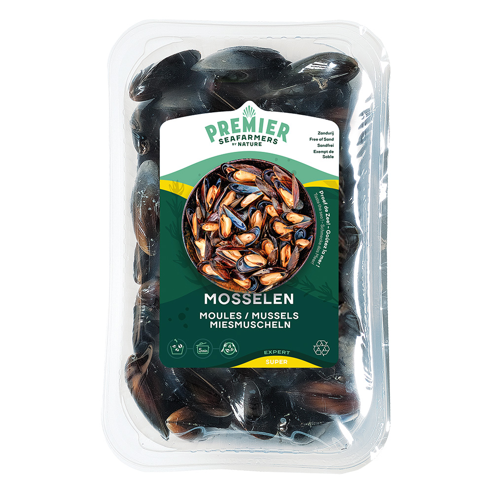 Packung frische Miesmuscheln in Kunststoffschale