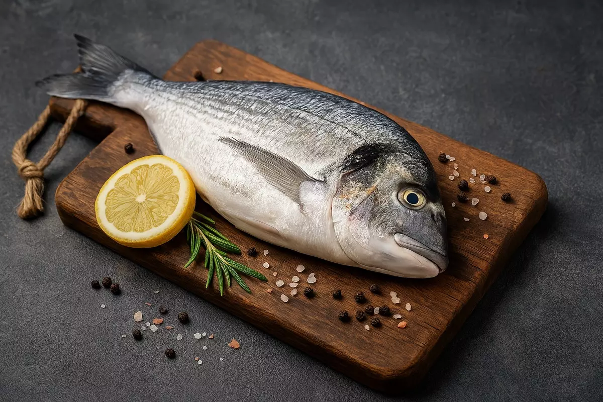 ganze rohe Dorade auf Holzbrett mit Zitrone und Gewürzen
