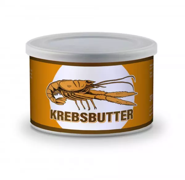 Dose Krebsbutter mit Krebsillustration auf dem Etikett