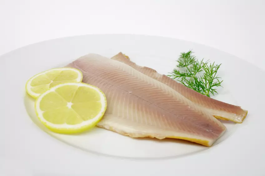 Geräuchertes Forellenfilet mit Zitronenscheiben und Dill auf