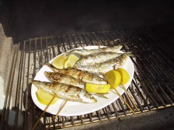 Gegrillte Sardinen auf Spießen mit Zitronenscheiben auf Tell