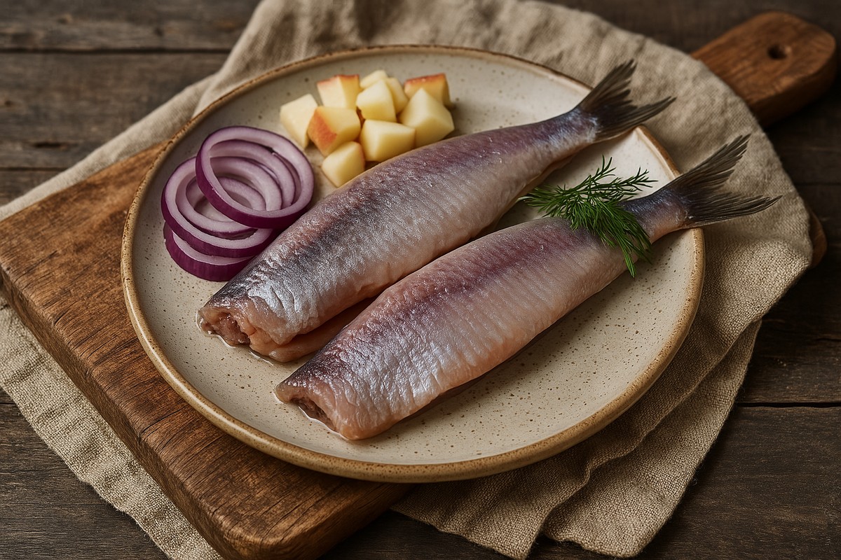 Matjeshering mit Zwiebeln und Apfelstücken auf Teller serviert Zwei Matjesheringe mit roten Zwiebelscheiben und Apfelwürfeln auf einem Teller, dekoriert mit einem Dillzweig